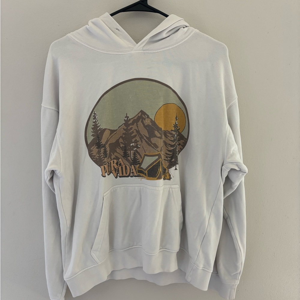Pura Vida White Hoodie with Mountain Graphic
